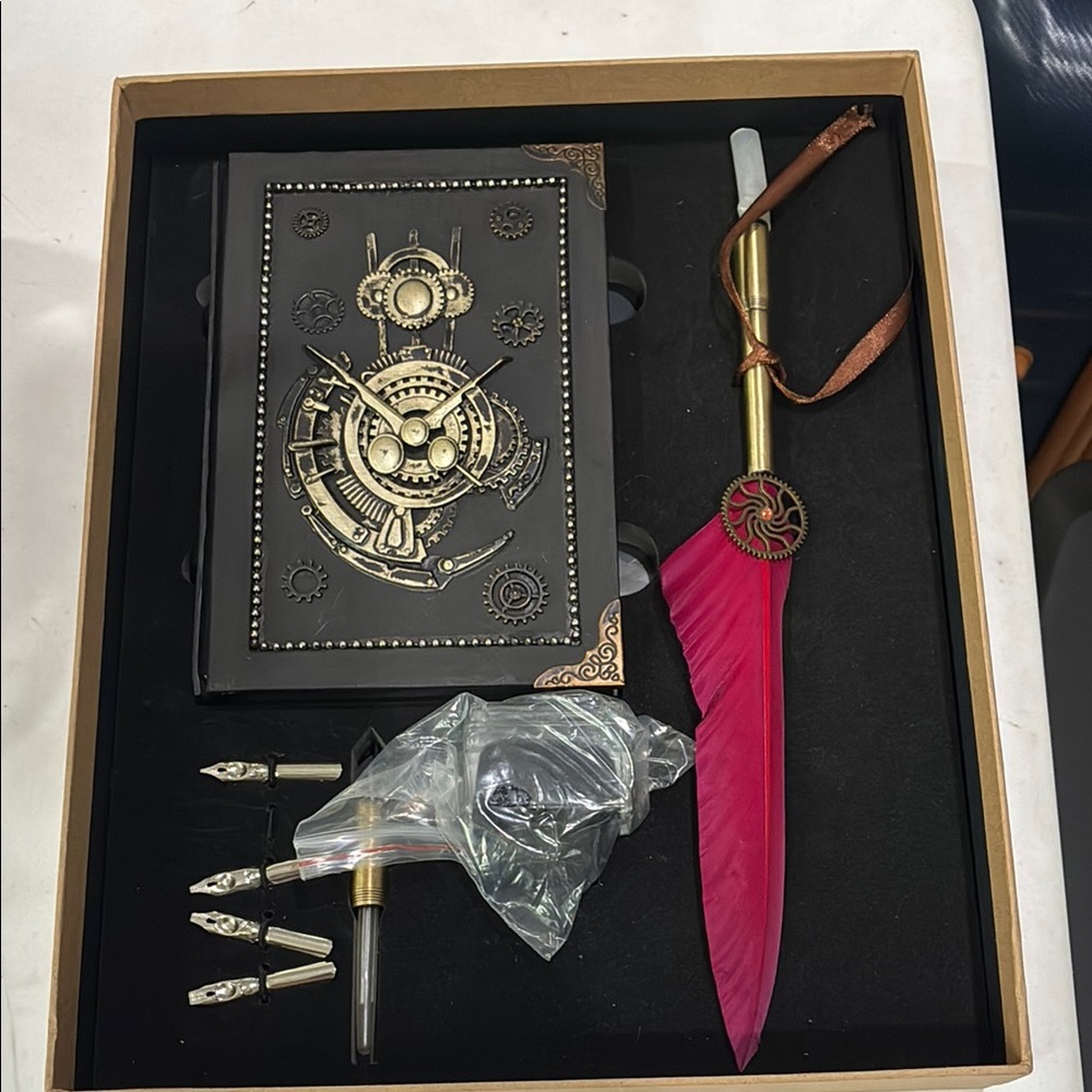 Steampunk Journal and Quill Set with Gold Accents